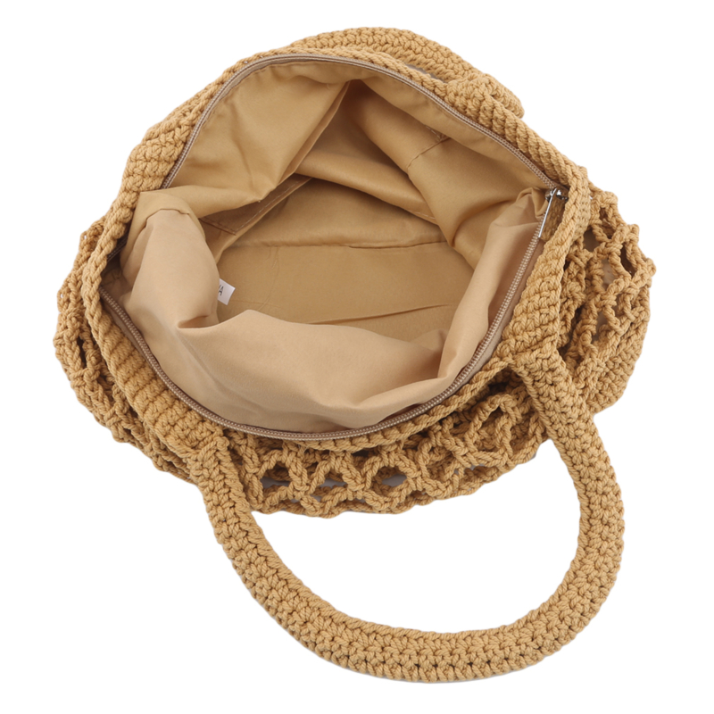 Handgefertigte quadratische tragetasche aus baumwollseil und stroh mit reißverschluss für damen, ideal für reisen und strand, gewebt, mit henkel, lässige strandtasche aus netzgewebe, hohl