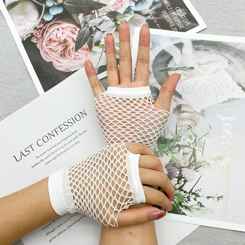 Guantes de rejilla para mujer, manoplas cortas de medio dedo, Multicolor, sexys, elásticos, de malla hueca, Punk, sin dedos, K72: White