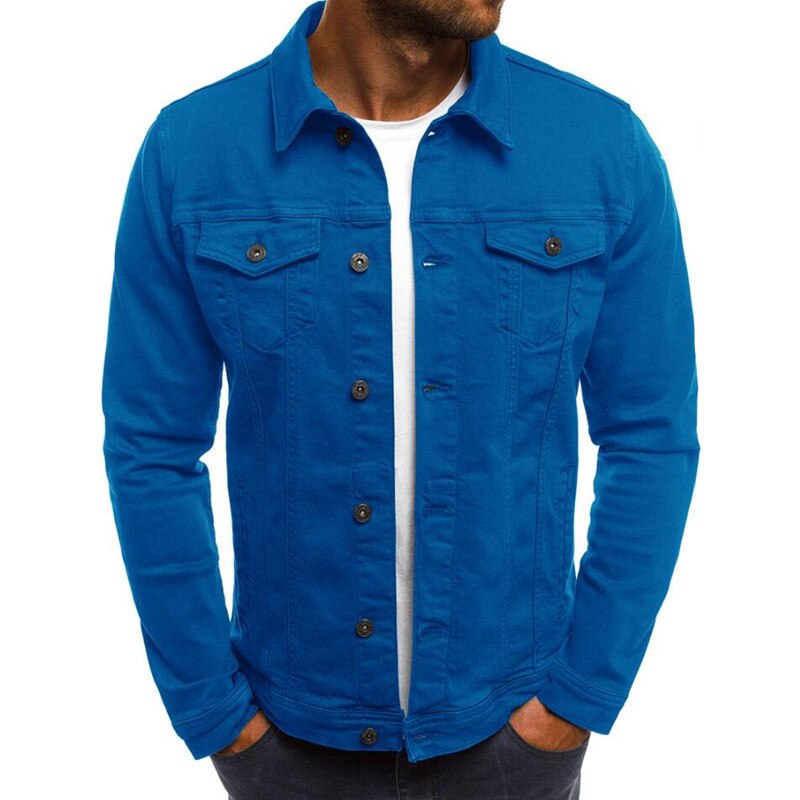 Chaquetas ajustadas de mezclilla para hombre, ropa de calle informal, con cuello vuelto, de un solo pecho, color sólido, otoño
