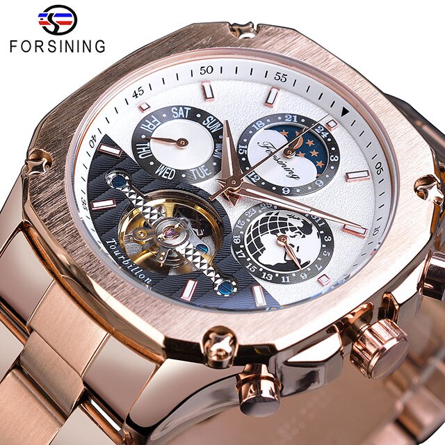 Forsining Mens Mechanische Horloges Super Grand Automatische Moonphase Tourbillon Aarde Datum Rose Gold Steel Belt Horloge Relogio: GMT1158-8