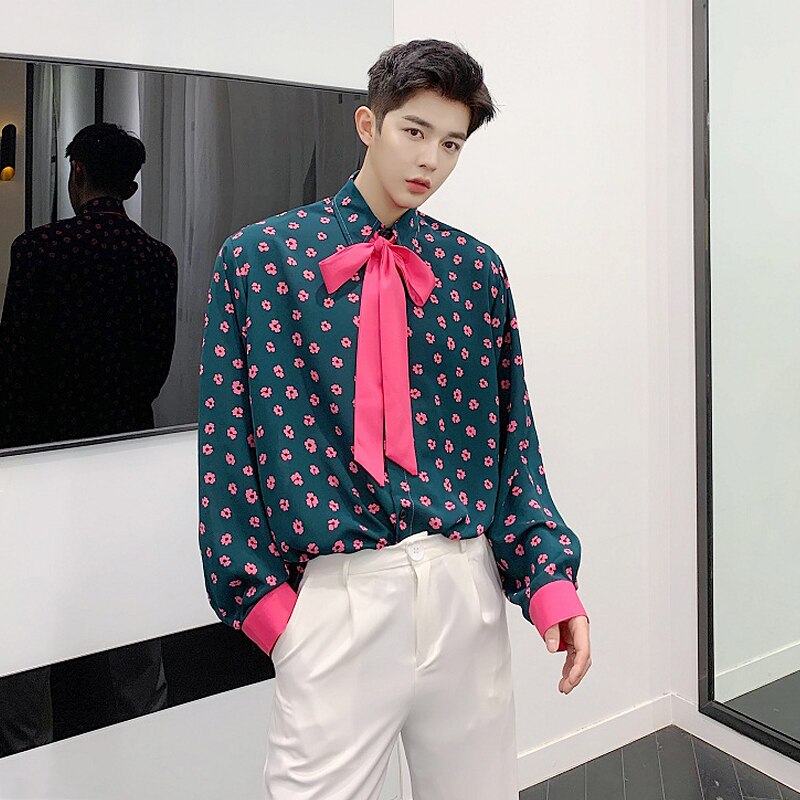 Mannen Roze Strikje Oversized Shirts Casual Bloemen Lange Mouw Blouse Vrouwen Harajuku Elegante Mode Groen Shirt Camisa Masculina