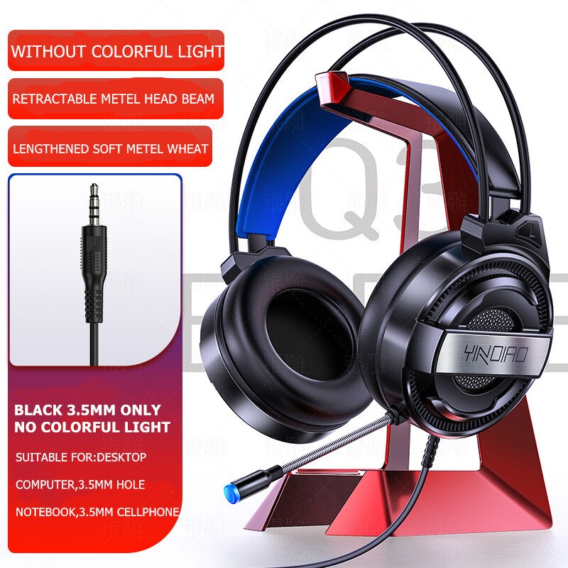 Wireless&Wired Bluetooth headphone with microphone Gaming headset Surround Sound Stereo with USB Light headphone for pc gamer: Black-No light