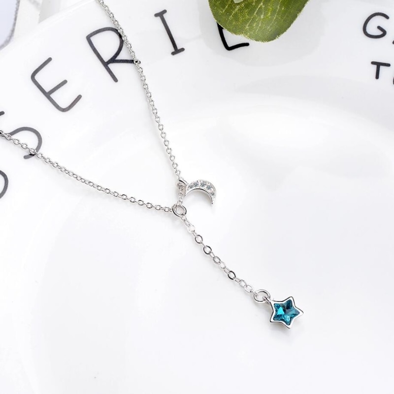 Blue Stars Moon Simple Sweet Fresh 925 Sterling Silver Clavicle Chain Literary Temperament Female Necklace SNE358