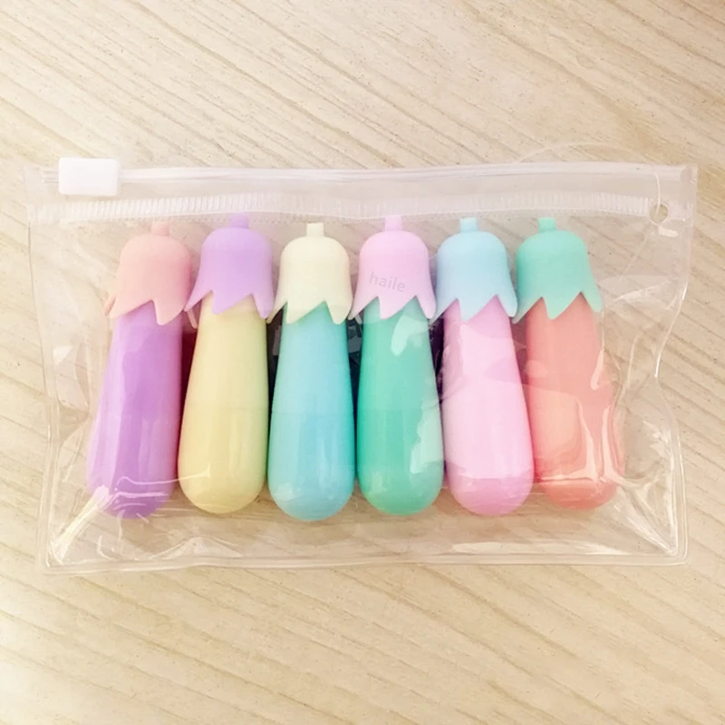 Juego de Mini pastillas resaltadoras Kawaii, rotulador fluorescente con cara sonriente, suministro de papelería artística para escuela y oficina, 6 uds.: Morado