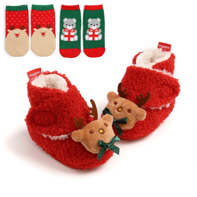Winter Baby Eerst Lopen Schoenen Meisje Jongen Zachte Anti-Slip Schoenen Kerst Herten Kerstman Baby Schoenen + 2 hoofdbanden