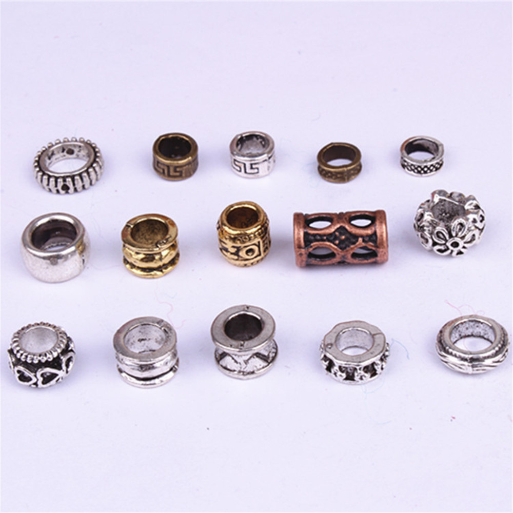 10Stck retro Silber Metall Haar flechten Furcht Dreadlock Bart Perlen Ringe Rohr ca 6mm Innen See Schmuck 15 stil