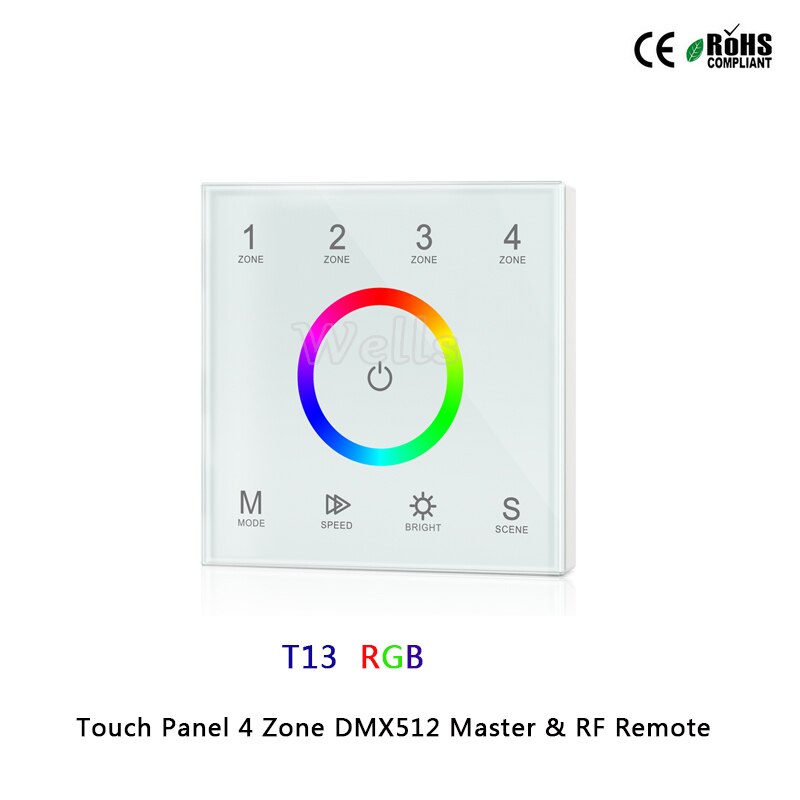 T11/T12/T13/T14 Panel táctil de 4 zonas RGB DMX512 Master y mando a distancia RF para un solo color/temperatura de color/RGB/tira led RGBW