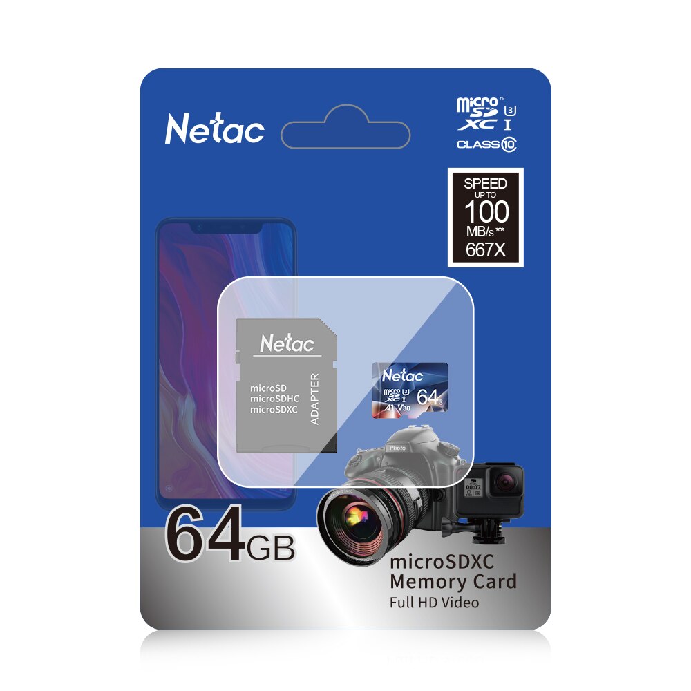 Netac tarjeta de memoria Micro SD 32GB 128GB 64GB 256GB 16GB a 512GB tarjeta Micro SD TF tarjeta de memoria Flash para el teléfono y el ordenador: 64GB with Adapter