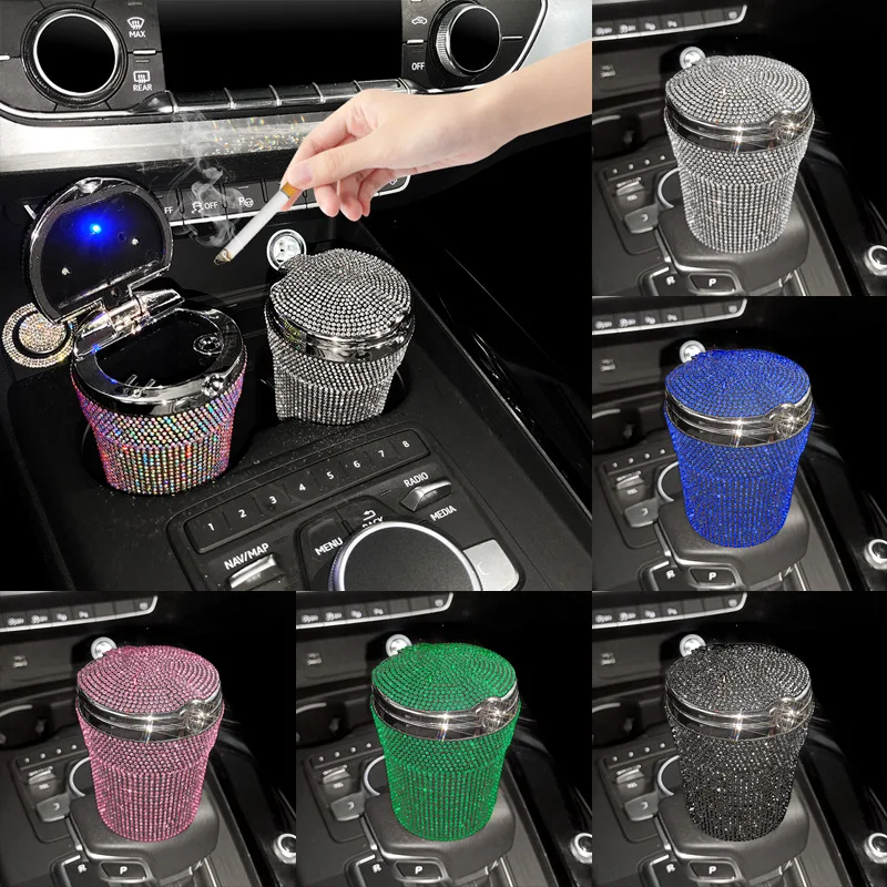 Cenicero de coche portátil para mujer, portavasos cilíndrico sin humo con indicador de luz LED azul, accesorios para coche
