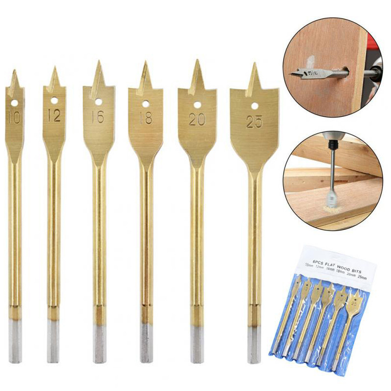 6 Stks/set 10-25Mm Platte Boren Duurzaam High-Carbon Staal Houten Hand Boor Titanium gecoat Spade Houtbewerking Power Tool