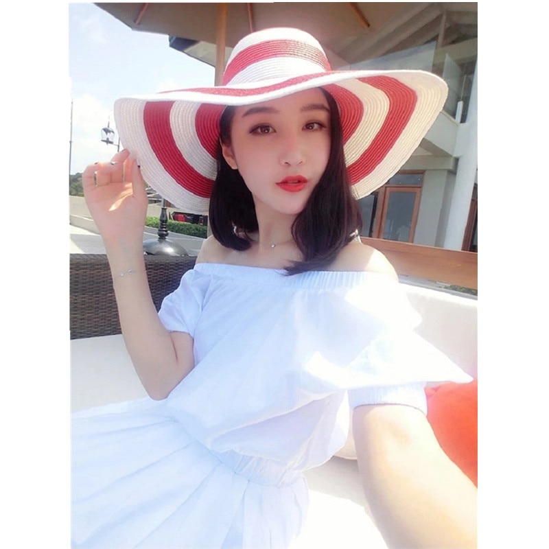 Women's Foldable Big Brim Striped Straw Sun Hat Wide Large Brim Cap Summer Travel Beach Floppy Hats Sun Protection
