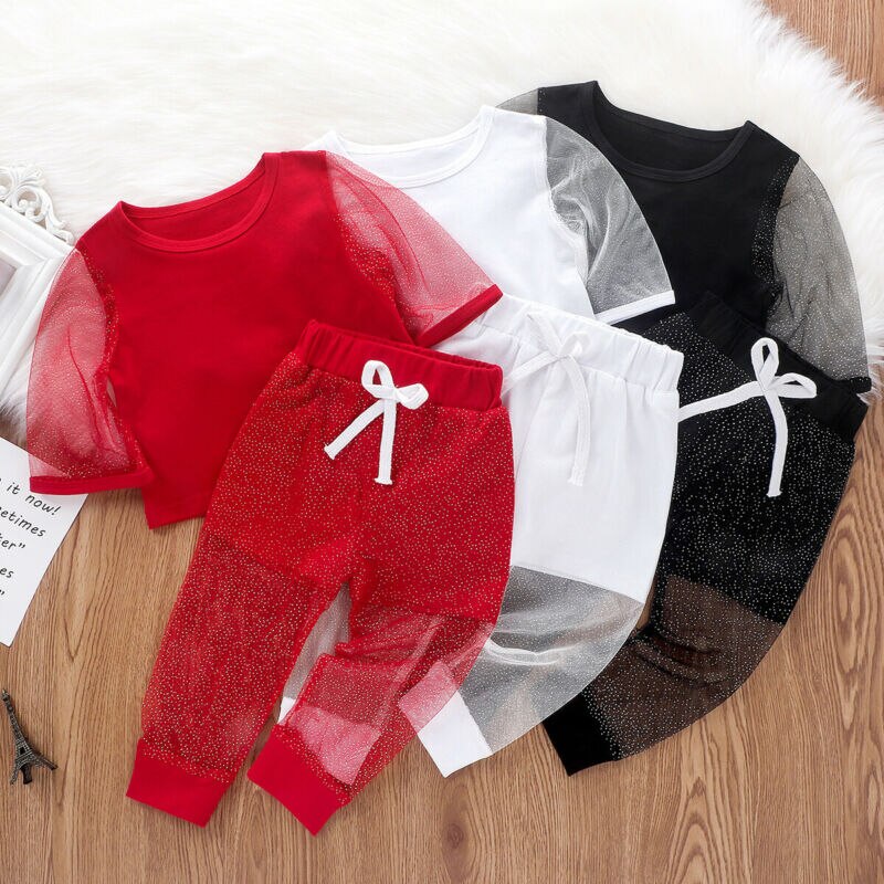 Toddler Baby Girl Kid Clothes Sets 1-5Y Lace Shining Short Sleeve Tops Pants Sets Formal Party Clothes