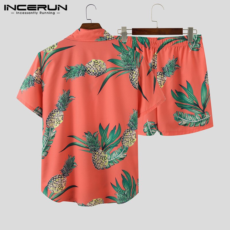 Incerun sommer mænd trykte sæt kortærmet rygsæk strandferie skjorte afslappet shorts mænd hawaiian suit 2 stykker streetwear