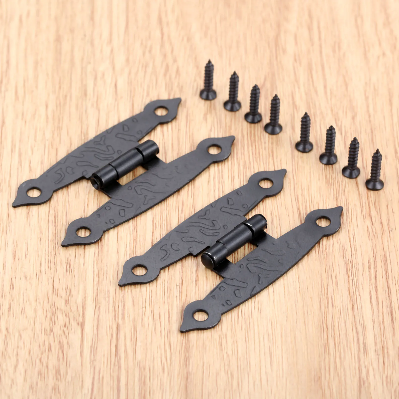 2pcs H shape Hinges +8 screws Black 65*33mm Debossed 4 Holes Furniture Cabinet Wooden Jewelry Box Wine Case Retro Decor
