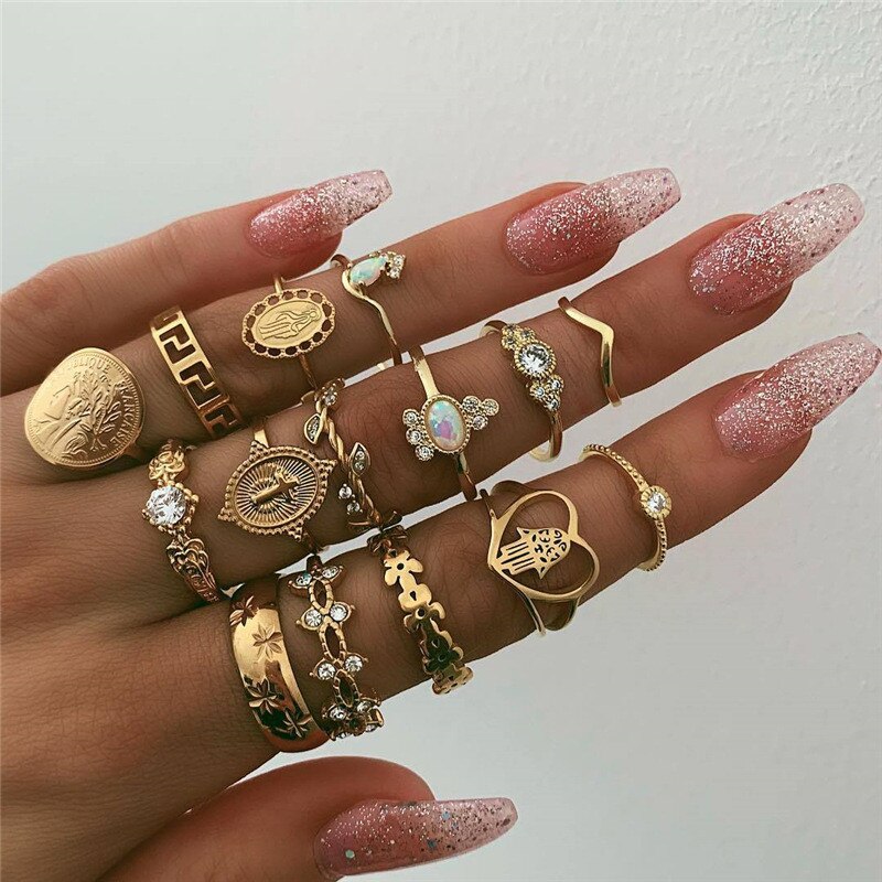 15 stks/set Vrouwen Mode Ringen Harten Fatima Handen Virgin Mary Cross Leaf Hollow Geometrische Crystal Ring Set Bruiloft Sieraden