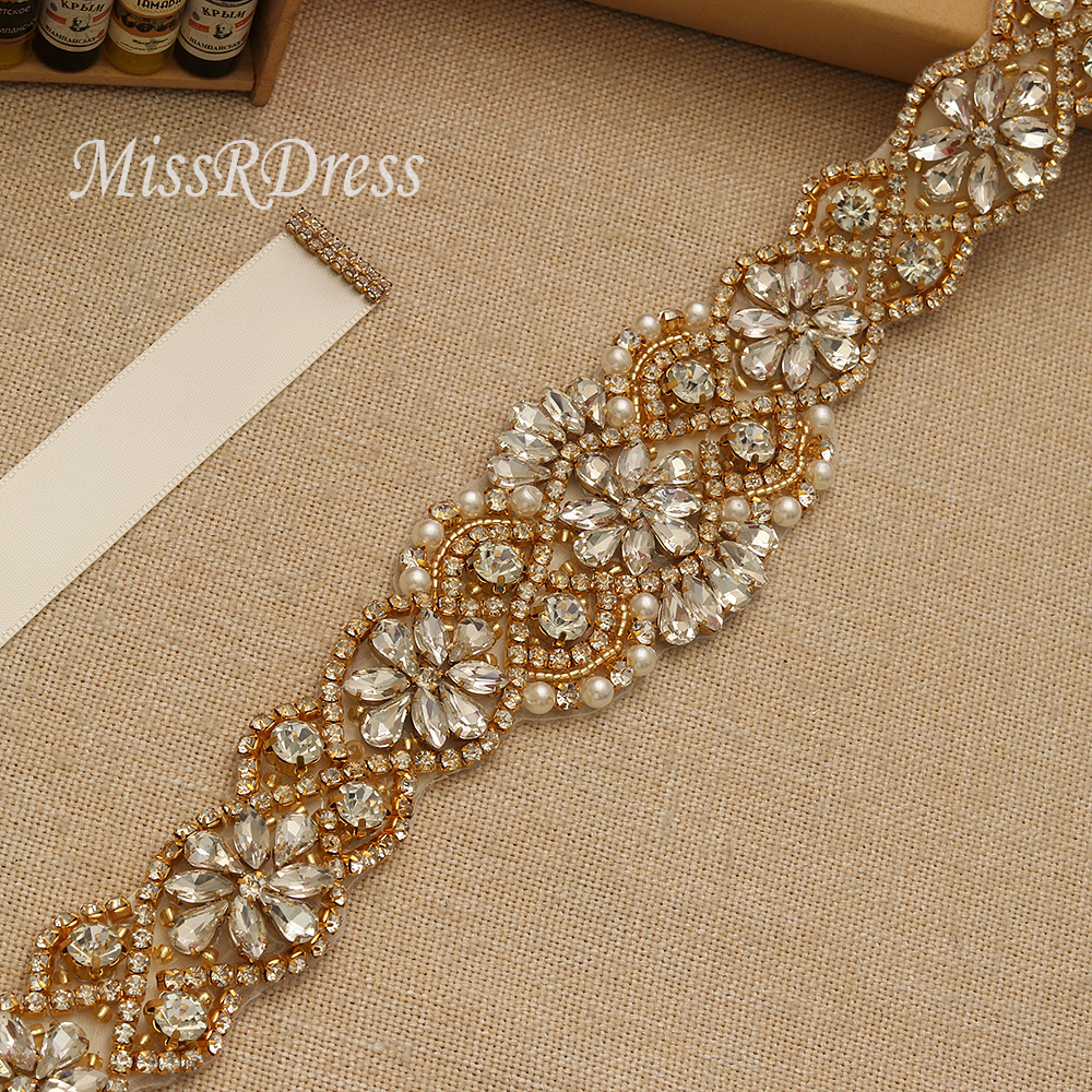 MissRDress dżetów pas ślubny Handmade perły ślubne pas złoty kryształ szarfa do sukni ślubnej dla Bridal akcesoria JK834