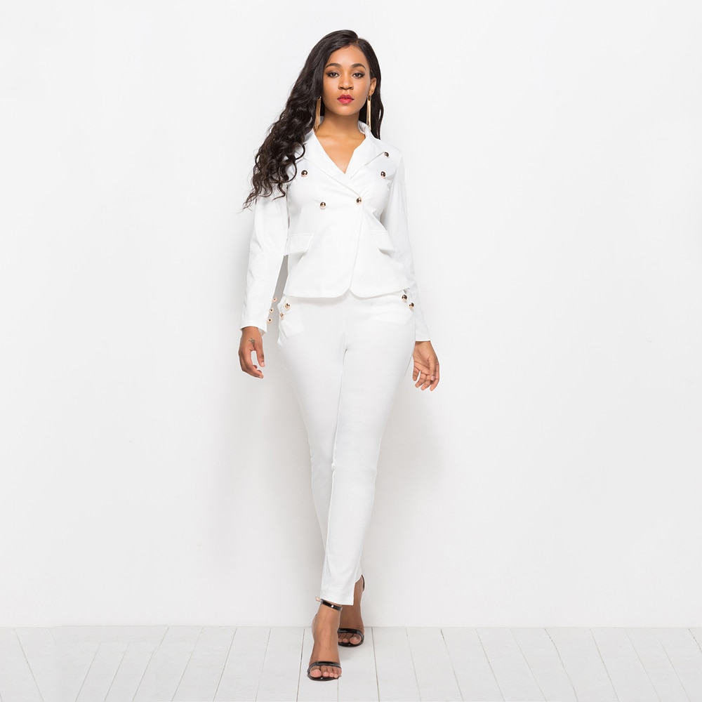 Outono inverno mulheres de negócios elegante terno 2 peça conjunto branco blazer casaco lápis fino longo pant senhora do escritório jaqueta roupas femininas