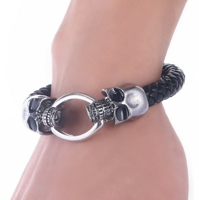 Punk Black Braided Leather Bracelet Stainless Steel Skull Magnetic Clasp Bracelet Bracelet Men's Birthday Christmas