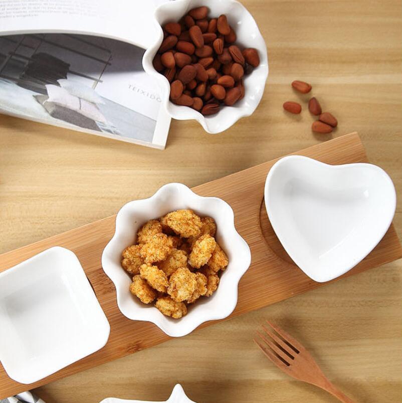 3 unids/set plato de salsa de cerámica, cojín de bambú, plato de inmersión para el hogar, sal de soja, azúcar, salsa, organizador de condimentos, tarros de especias