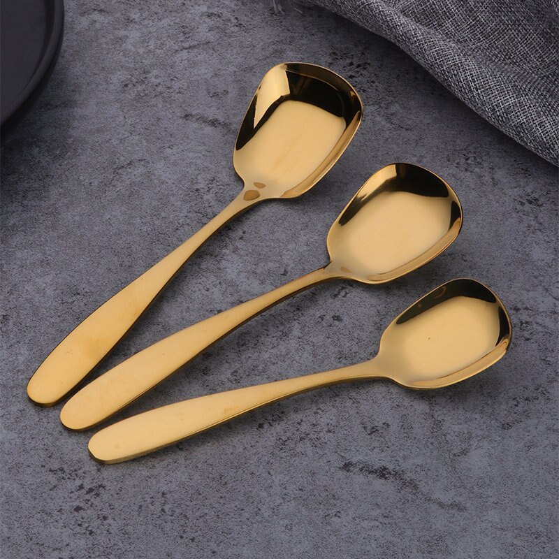 3 st/set fyrkantig sked rostfritt stål plattbottnade skedar stora medelstora små salladsbestick dessertscoops soppa servis: Guld-