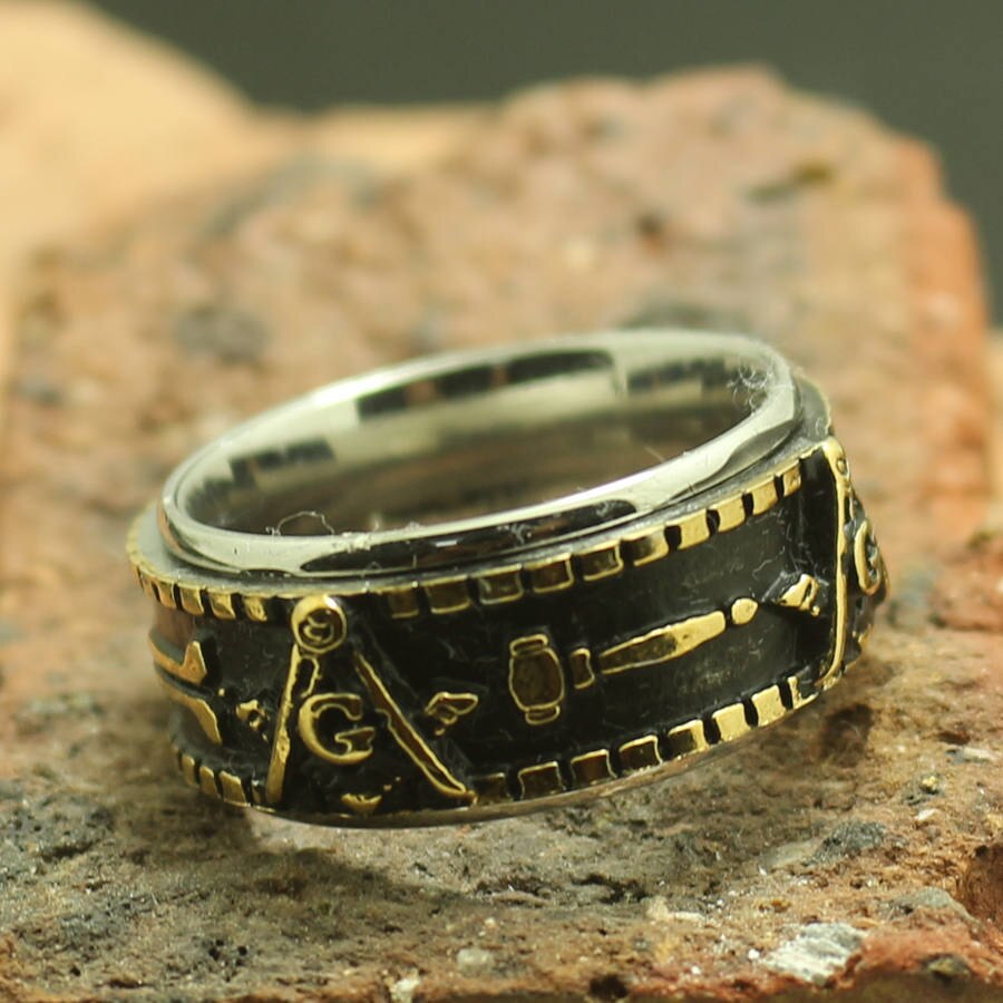 Mens 316L Rvs Freemasons Dubbele Rotatie Ring