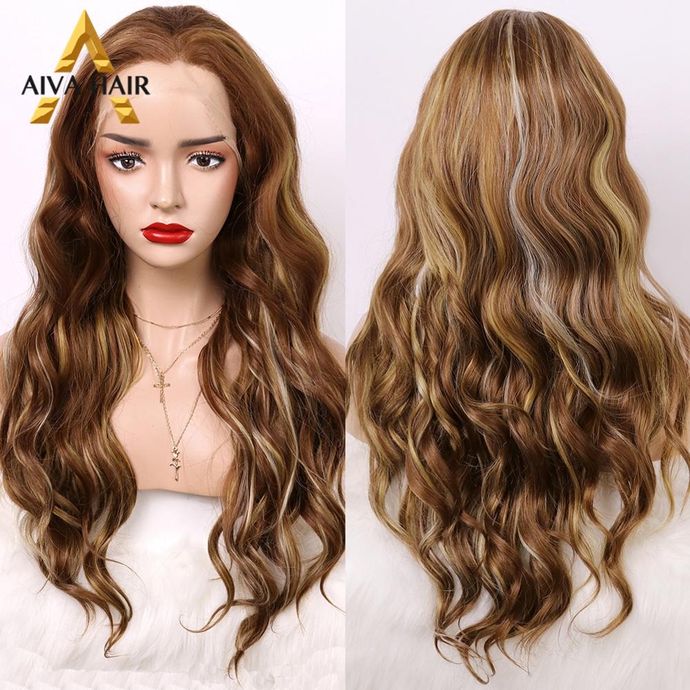 Aiva Hair Heat Resistant Long Wavy Synthetic Lace Front Wig High Density Highlight Blonde Wig Glueless Cosplay Wigs For Women: 20inches