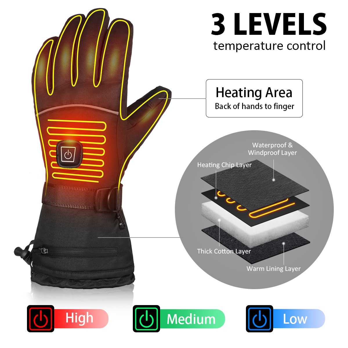 Clispeed 3 Niveaus Batterij-Operated Verwarmde Handschoenen Elektrische Winter Warm Handschoenen Voor Fietsen Riding Maat Xl (Zwart)