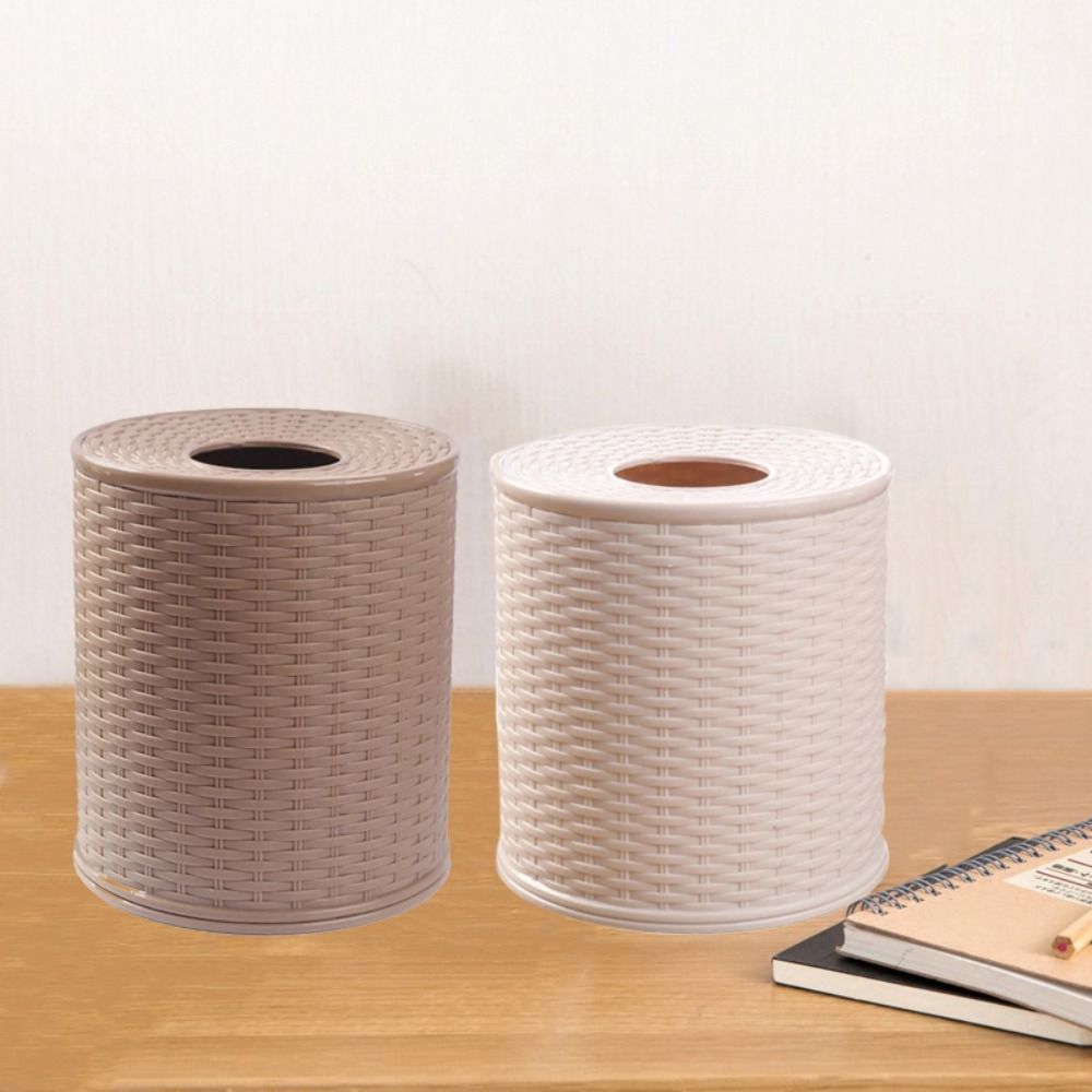 Caja de almacenamiento de pañuelos de mimbre de simulación Beige/marrón oscuro, rollo decorativo a prueba de polvo, estante de papel, contenedor, caja de pañuelos de plástico redonda