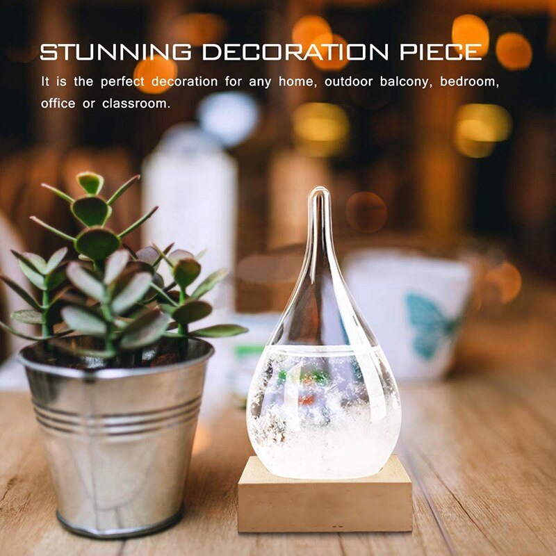 Tempest Glass Predictor Weather Forecast Decorative Barometer Drops-Shaped Small Bottle with Wooden Base FP8