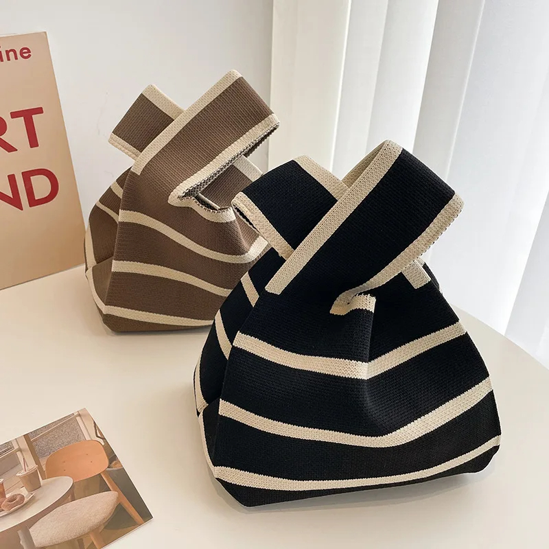 Bolso pequeño tejido hecho a mano para mujer, bolso de muñeca informal, bolso de compras a rayas anchas, Mini bolso de hombro reutilizable para estudiante, 1 ud.