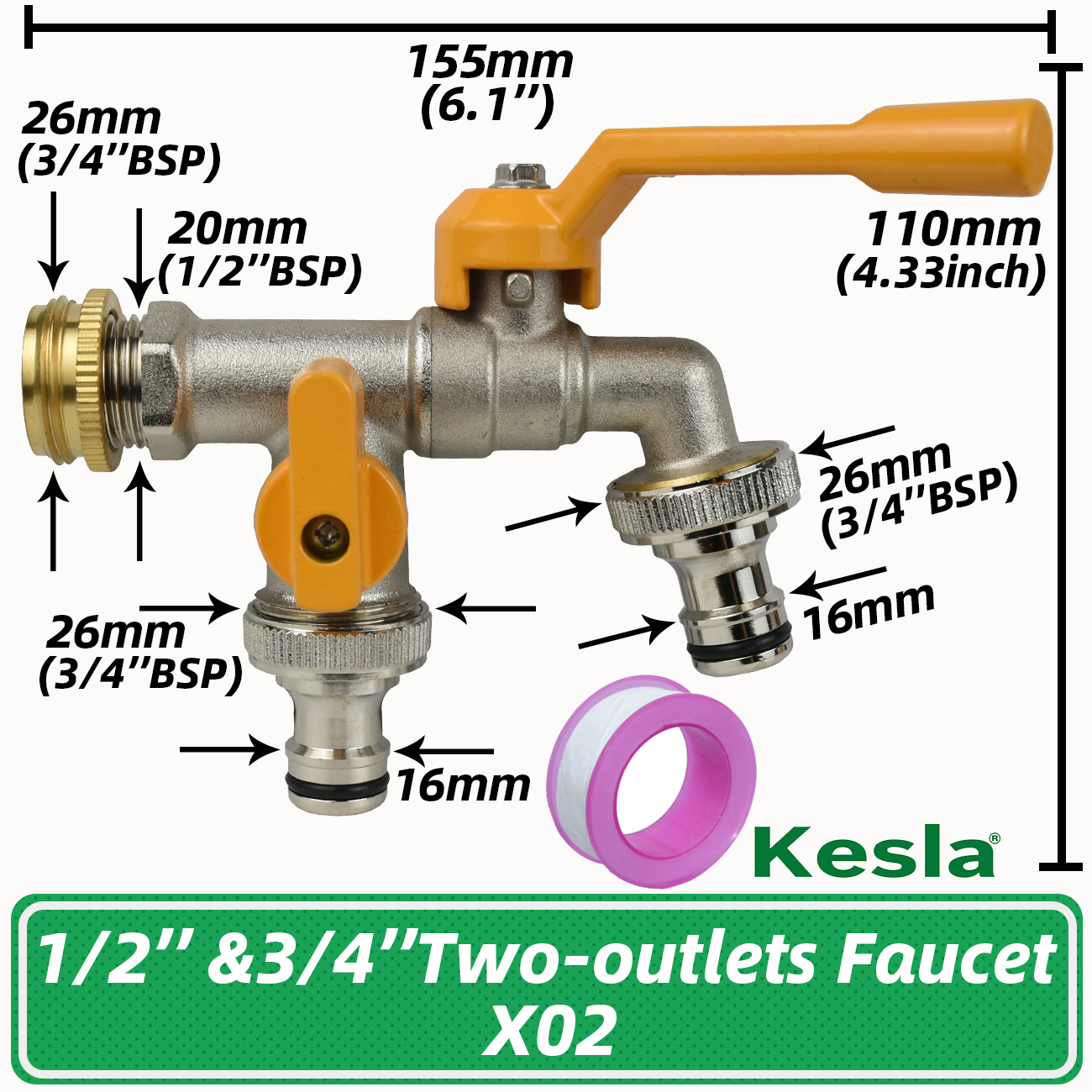Garden 1/2'' 3/4'' Brass Water Faucet Water Splitter 1-Way 2-Way Connector Coupling Adapter Valve Switch Irrigation Tap Replace: Blue