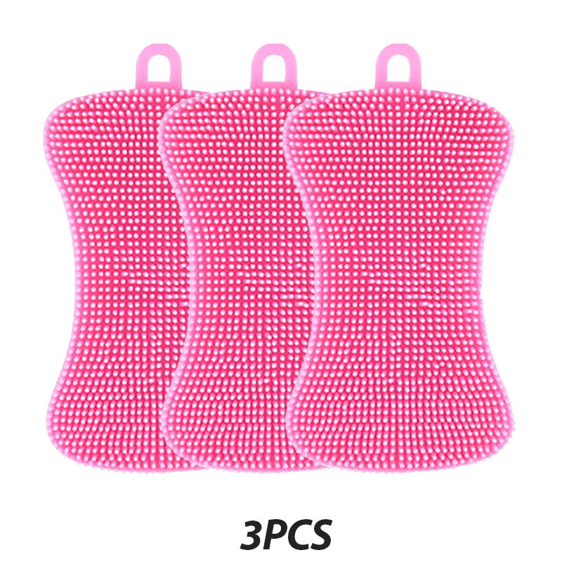 3Pcs Silicone Dish Washing Brush Pot Pan Sponge Kitchen Cleaning Brush Silicone Scouring Pad Vegetable Fruit Pot Pan Wash Brush: Red