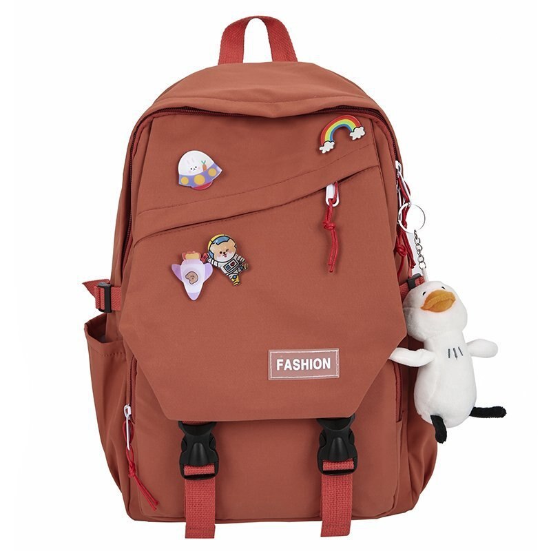 Bolso de viaje para mujer, Mochila grande Kawaii, impermeable, negra, escolar,: Brick red / with duck pendant