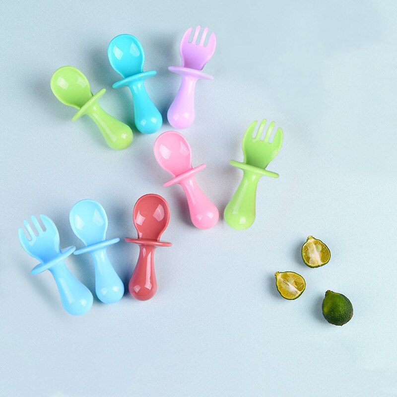 Vaisselle d'entraînement pour bébés,cuillère et fourchette à manche court, couleur unie, matière PP sécurisée, pour enfants, motif mignon, paquet de 2 pièces,