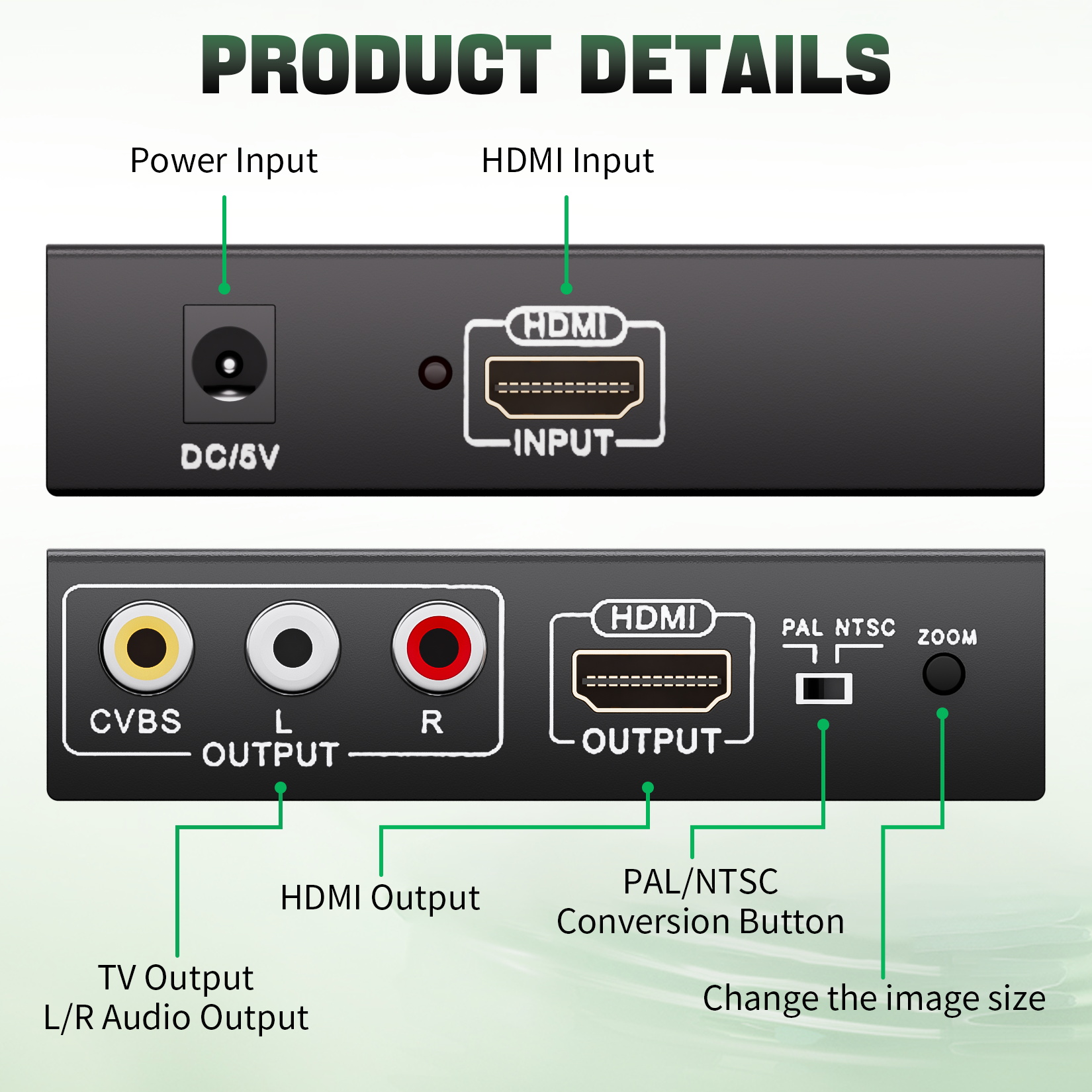 1080P HDMI naar RCA HDMI-splitter Scaler-converter met zoomfunctie ondersteunt RCA- en HDMI-uitgang tegelijk