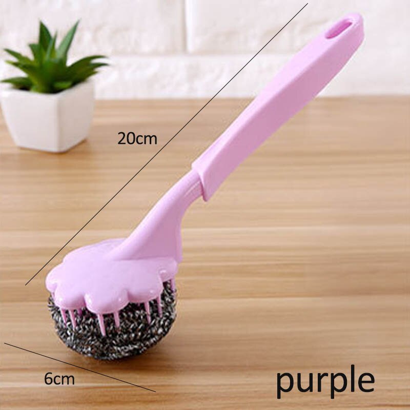 Cepillo de bola de alambre de acero inoxidable de utilidad, cepillo de limpieza con mango largo para colgar en la cocina, herramientas de limpieza en profundidad, 1 Uds.: Púrpura