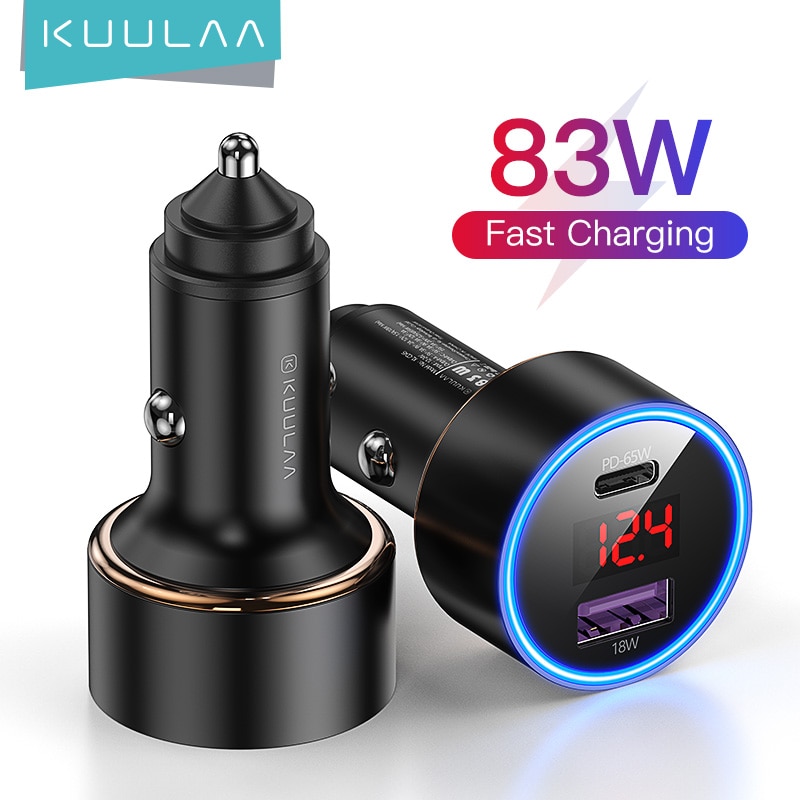 KUULAA 83W ładowarka samochodowa USB typ C podwójny Port PD QC szybkie ładowanie do laptopa przezroczysta ładowarka samochodowa do telefonu iPhone Samsung