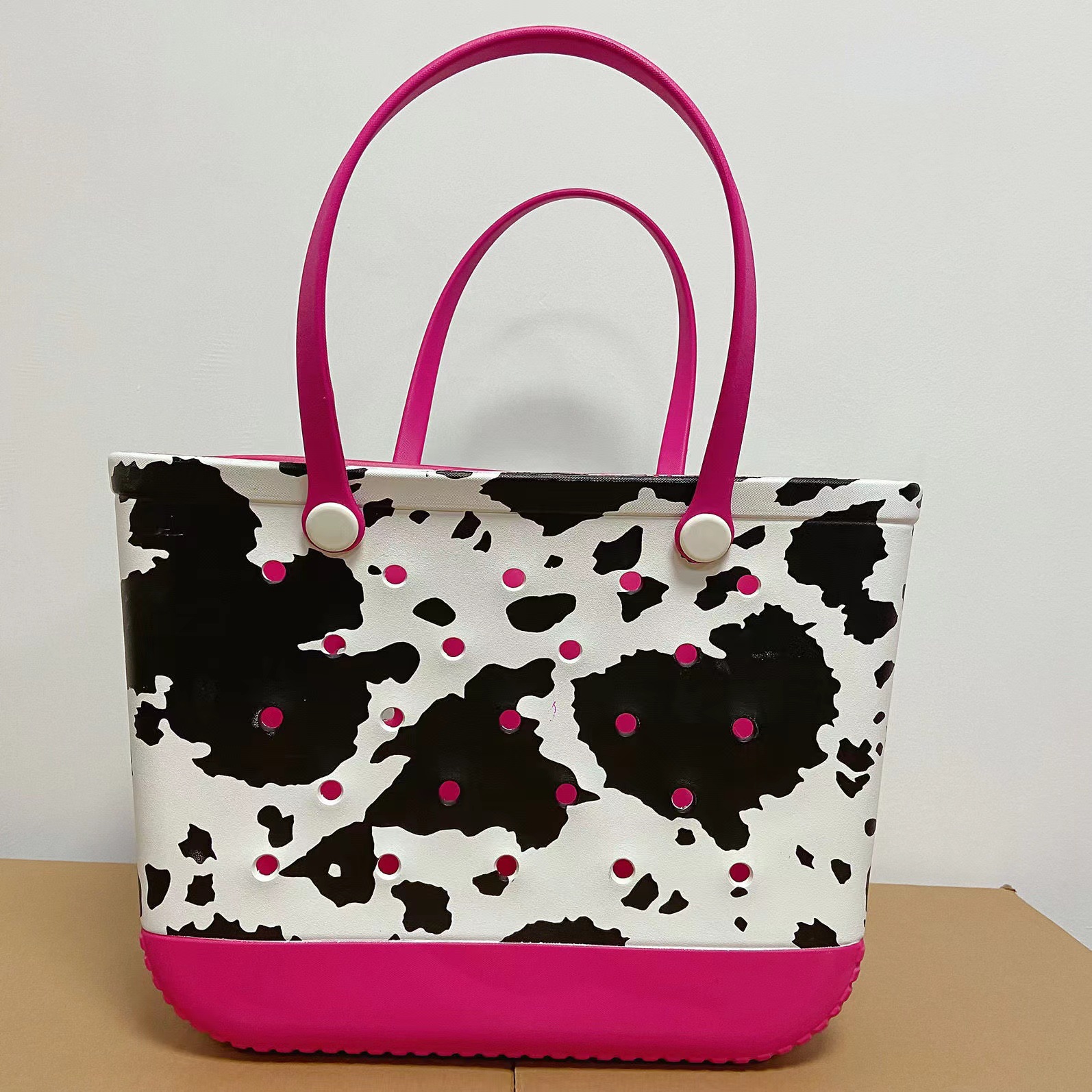 Cesta para exteriores, bolsa para mascotas, bolsa grande con agujero de EVA, bolsa de almacenamiento para playa, bolso de hombro con filtro de agua hueco impreso de gran capacidad: Blanco