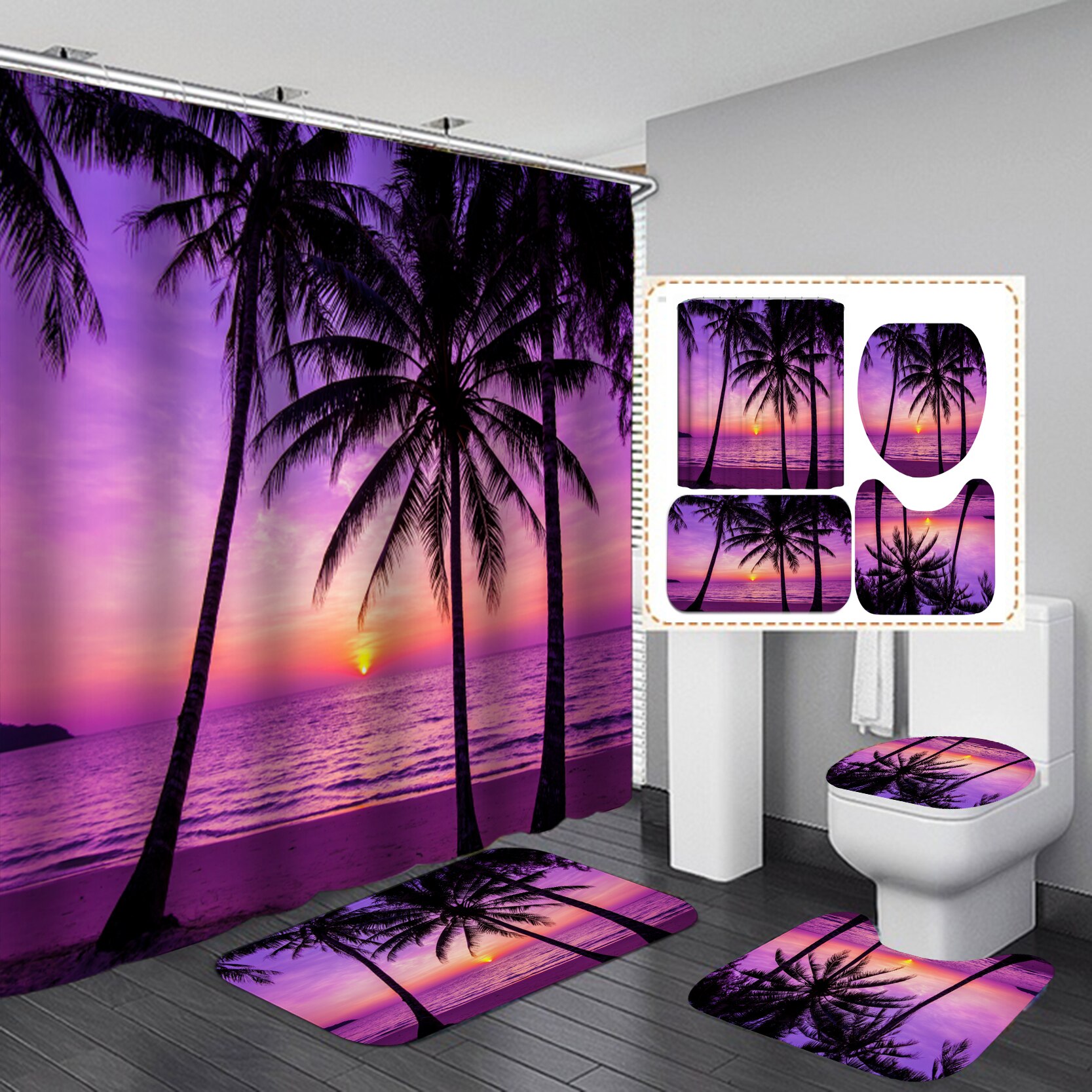 Coastal Strand Landschap Gedrukt Patroon Douchegordijn Voetstuk Tapijt Deksel Wc Cover Mat Badmat Set Badkamer Gordijnen Met Haken: M 4PCS