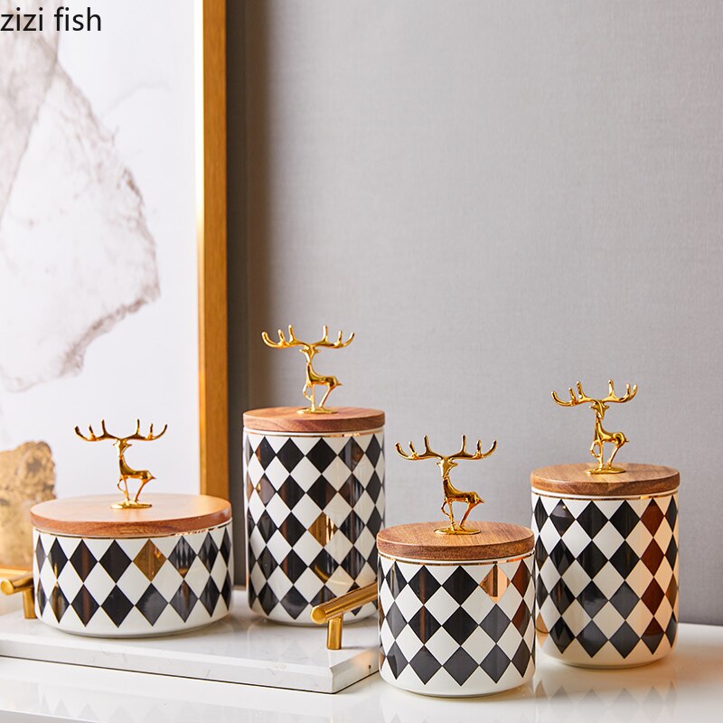 Ceramic Storage Jars Black and White Grid Porcelain Storage Jar Golden Deer Cover Tea Canister Coffee Pot Organizer