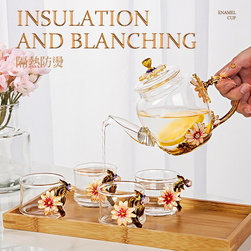 Beautiful Enamel Crystal Tea set daisy Glass Teapot for and Cold Drinks Home Drinkware Office kettle Teaware set coffee pot