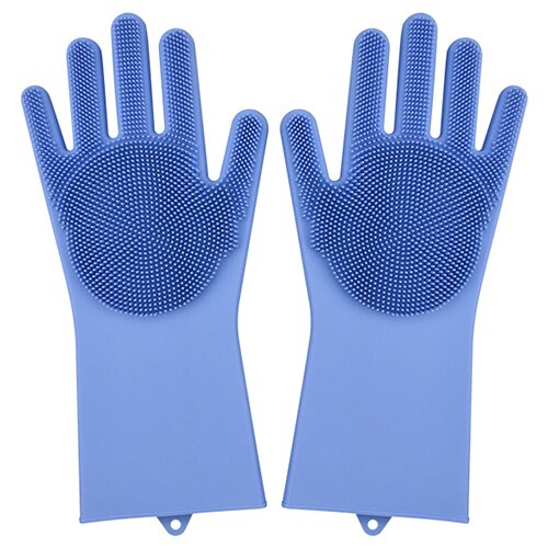 1 par opvask handsker silikone opvask handsker køkken silikone rengøring husholdningsværktøj til ren bil kæledyr børste handske: Blå