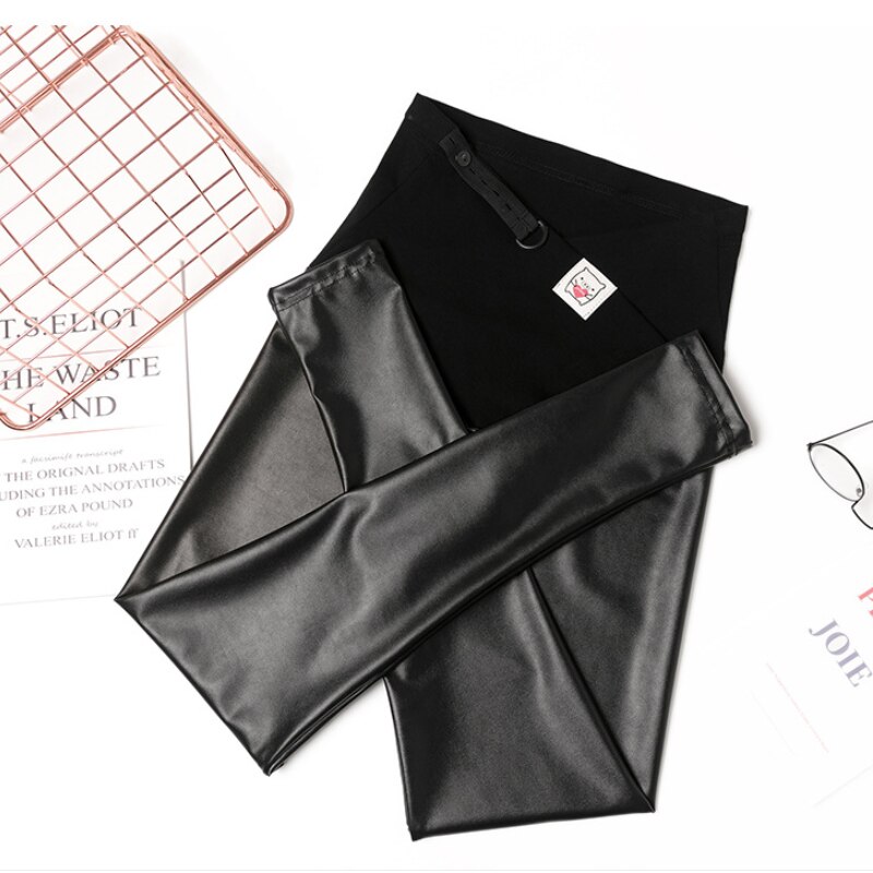 Pantalon de maternité en Faux cuir, slim décontracté, haute élasticité, femme enceinte, respirant, vêtements de grossesse, noir