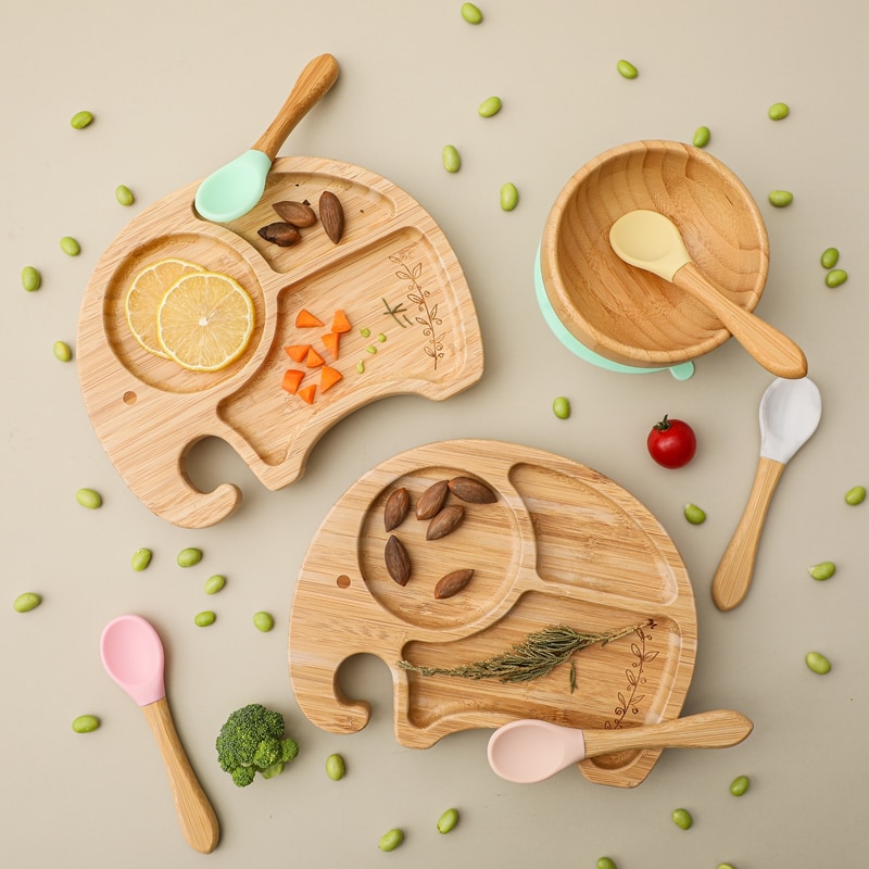 Vaisselle en bois de bambou, accessoires d&#39;alimentation pour bébé, assiette à dîner animaux de dessin animé éléphant avec ventouse, d&#39;anniversaire pour bébé 1 ensemble