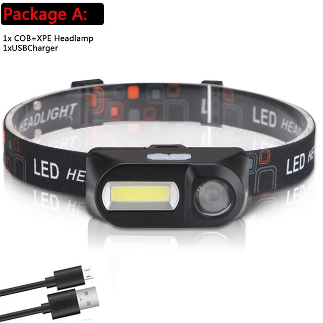 LED Koplamp T6 + COB LED Koplamp Koplamp Zaklamp Fakkel Lantaarn hoofd licht Gebruik 18650 batterij voor Camping: packet A