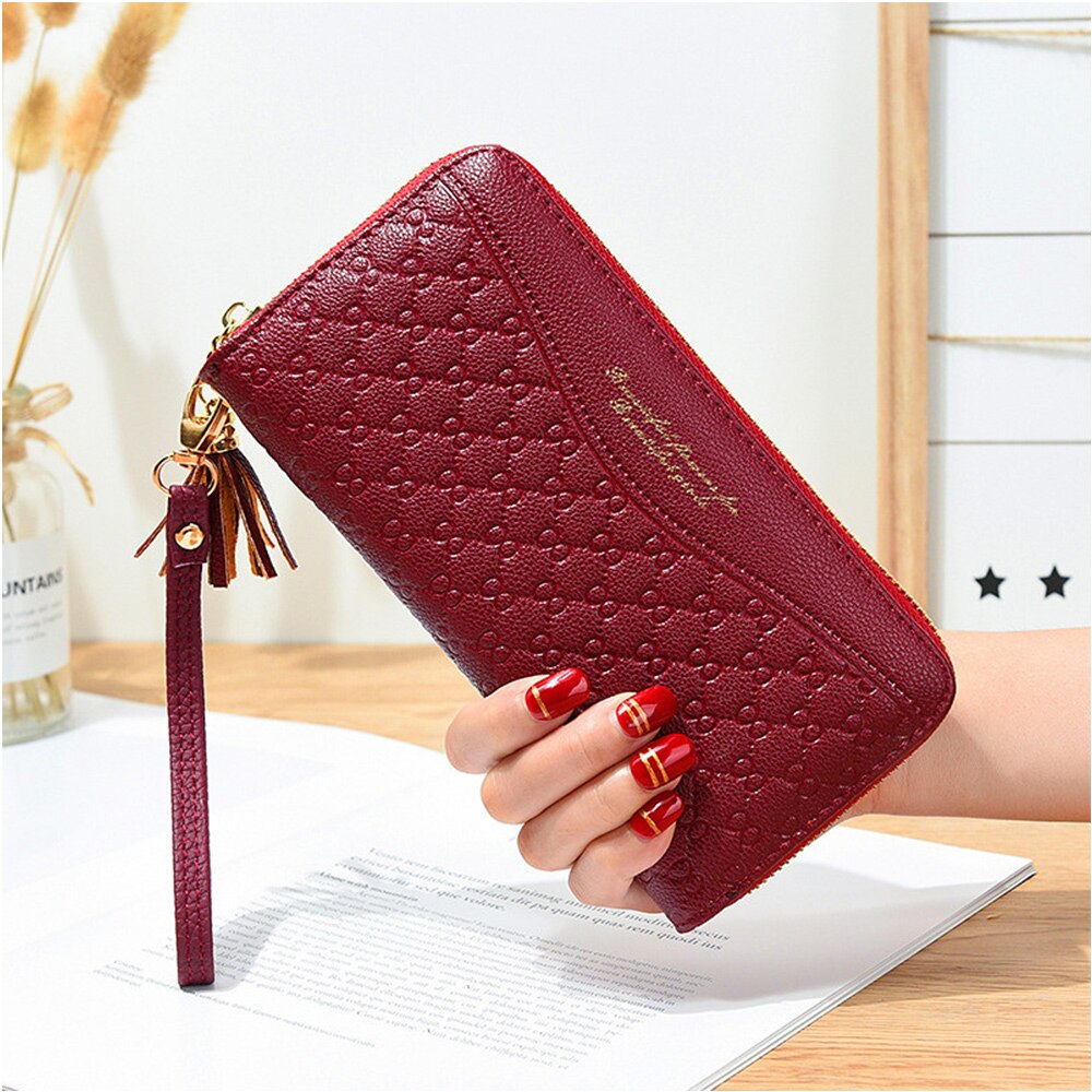 Style Zipper Women Wallet Long Clutch Bag Korean Version Small Double Wallet Standard Wallets Women PU Leather: Burgundy