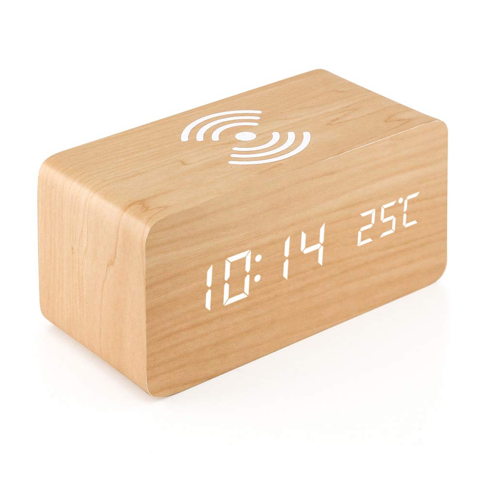 Wooden Alarm Clock With Qi Wireless Charging Pad Compatible With For Iphone Samsung Wood Led Digital Clock Sound Control Funct: Yellow