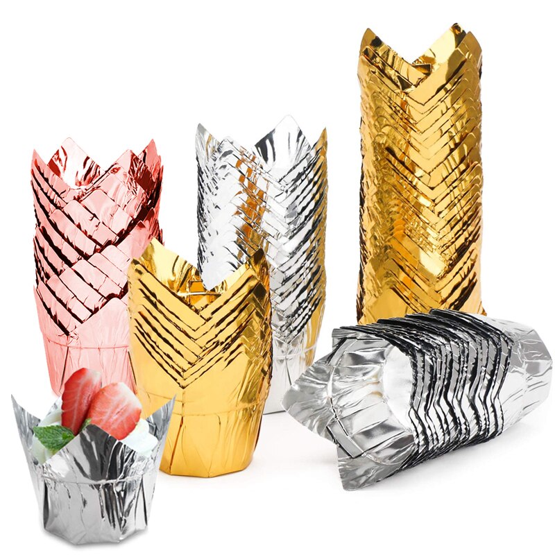 50Pcs Golden Muffin Cupcake Liner Tulip Flower Shape Cupcake Liner Baking Cup Tray Cake Wrapper Tray Case Oilproof Cake Wrapper