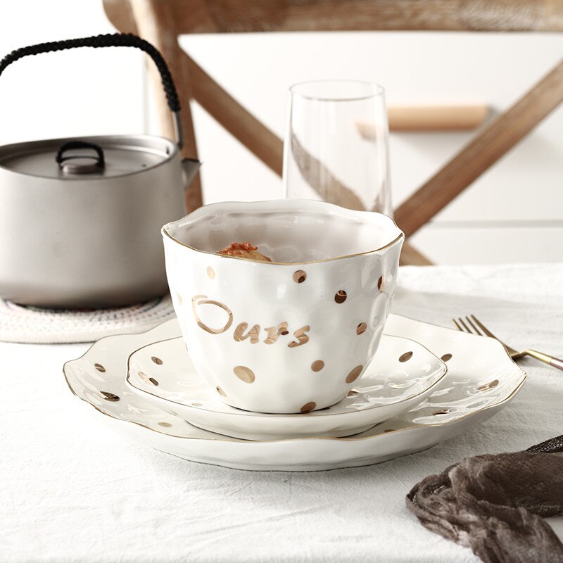 European Style Golden Wave Point Dinner Plate Ceramic Roundness Dish Salad Flat plate Steak Pasta Dish Home Restaurant Tableware