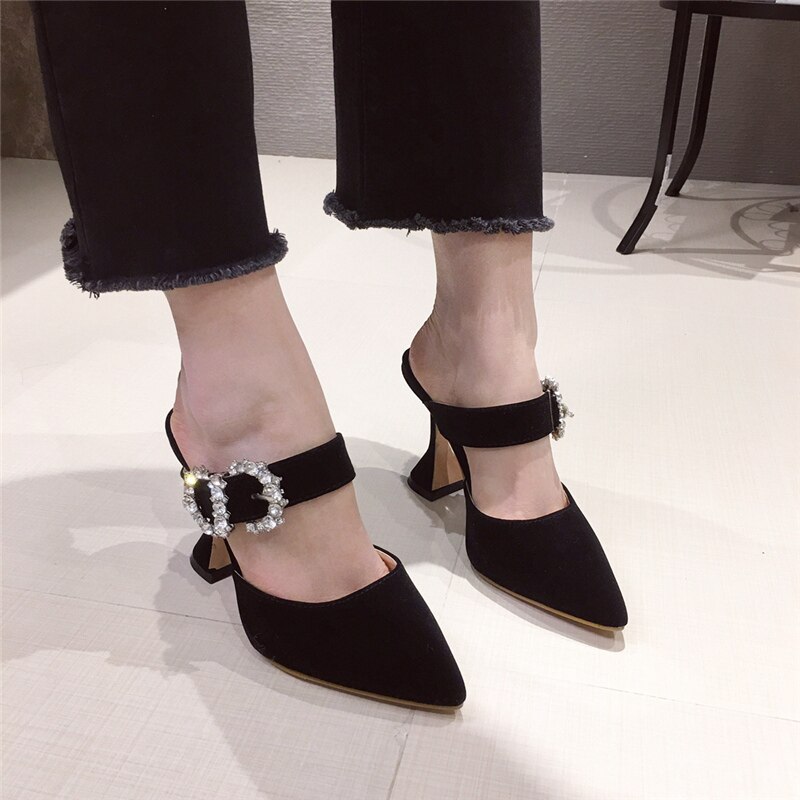 Zomer dames bling kristallen slippers muiltjes hoge hakken slippers suède gesloten teen hoge hakken slippers glinsterende nette schoenen